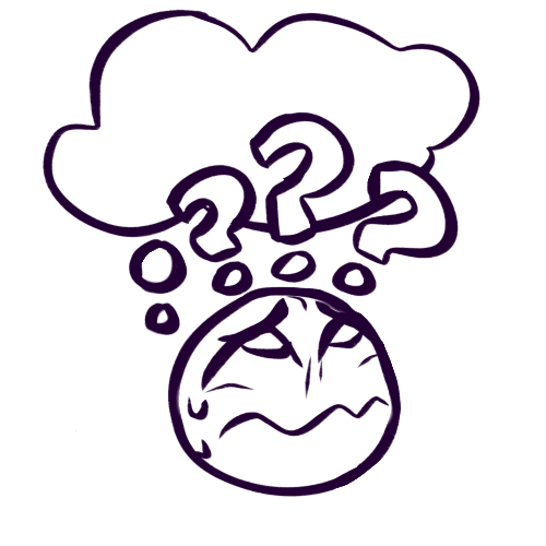 Dark purple lineart of a round, emoji-like face nervously looking up at their own empty thought bubble that is floating above them. Three question marks (?) are above them. The face has only eyes and a mouth, with two diagonal lines between the eyes almost implying a nose, but not properly defining one. Their eyebrows are knit together and downturned in concern, and their mouth is a wobbly frown. A few sweat droplets run down the side of their face. The lineart varies in thickness throughout, and gives the appearance of brush- or chisel-tip marker.